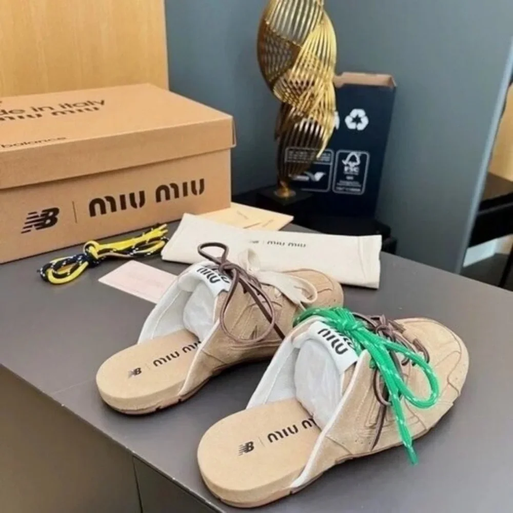 Miu Miu Beige Suede Lace-Up Mule Sneakers with Multicolor Laces